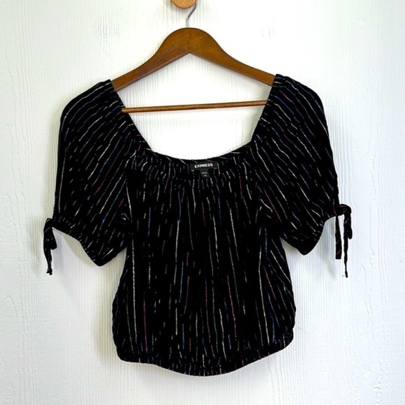 Express - Off The Shoulder Rainbow Stripe Black Crop Top Size Small - Picture 6 of 10